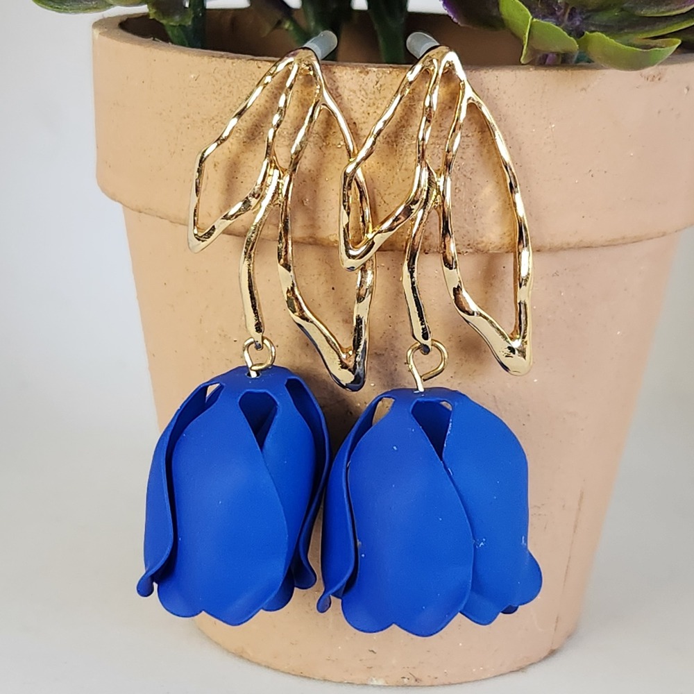 Matte Royal Blue Tulip Flower Drop Earrings Gold Organic Leaf Post Dangles 2.75"
